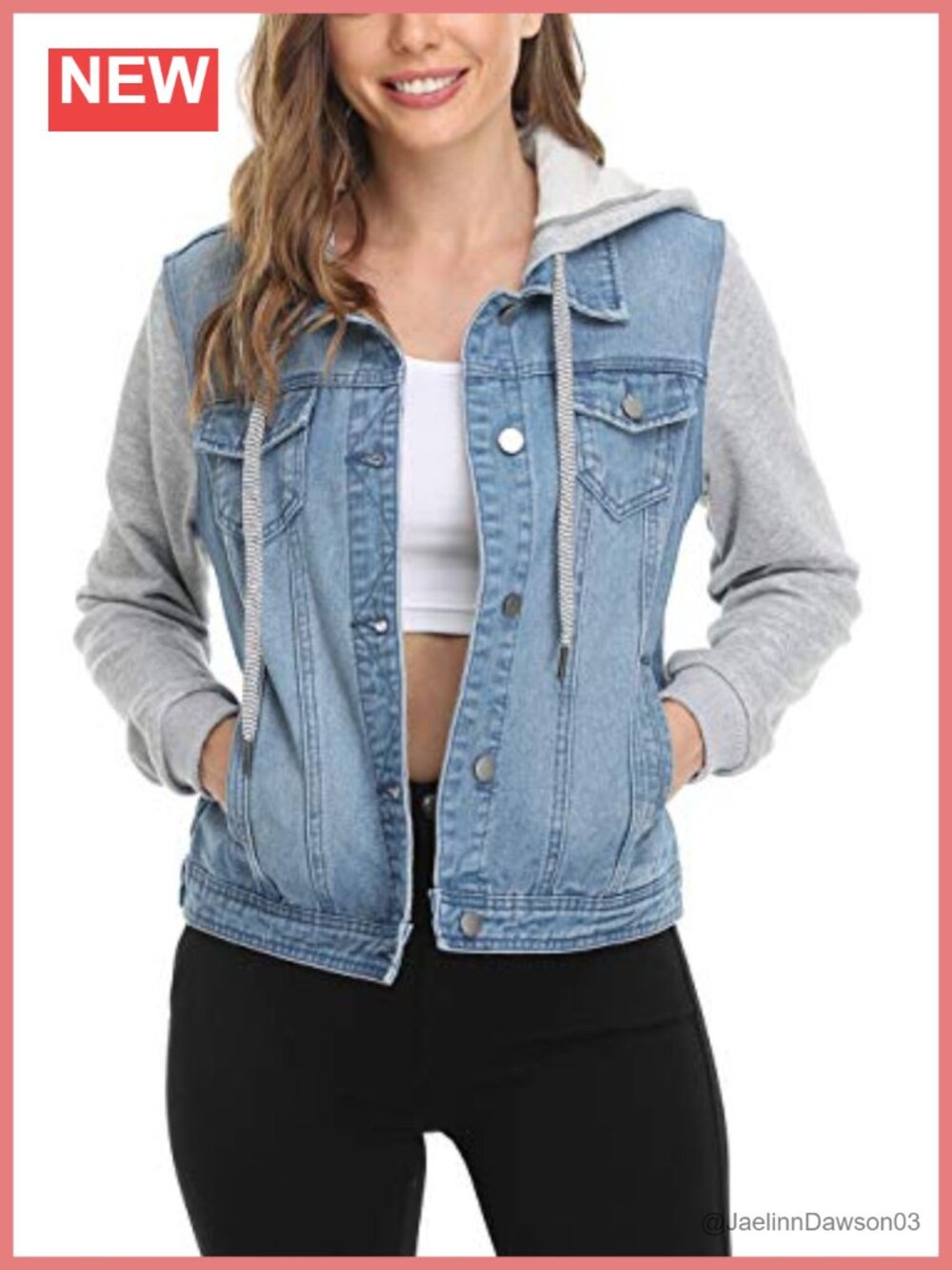 Hooded Denim Jean Jacket Drawstring Layered Hood Cotton Blend